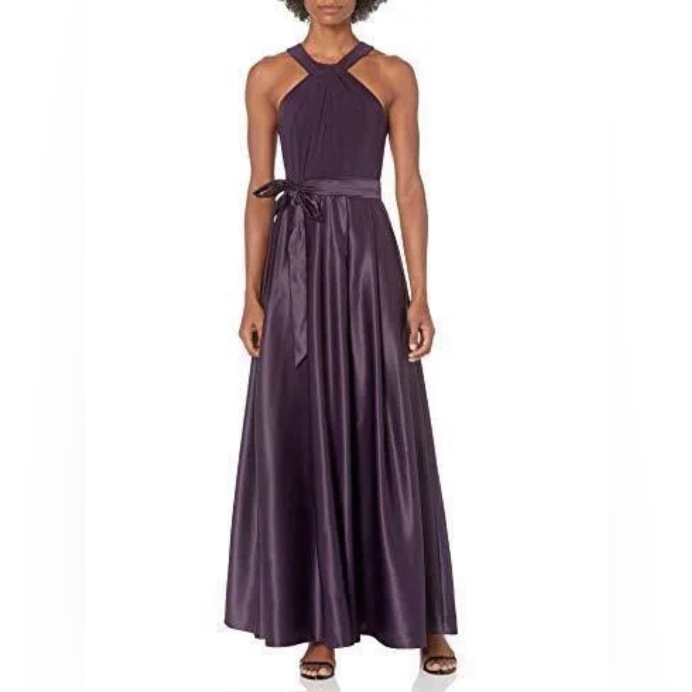 Alex Evenings Women's Long Halter Dress/Gown- Eggplant Satin, Size 12